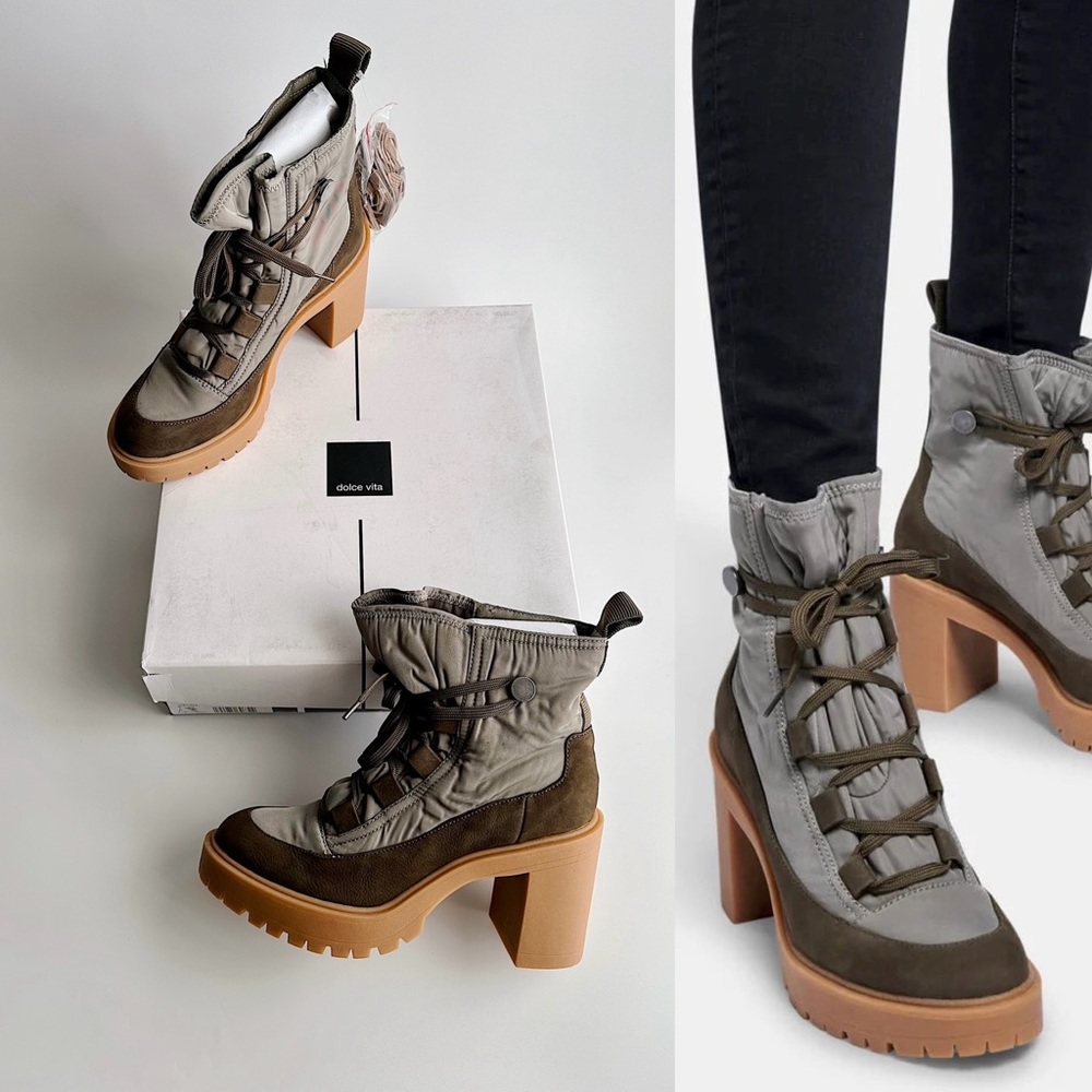 ✨New DOLCE VITA Celida Nylon Lace Up Lugged Chunky Heel Booties Olive 7.5M